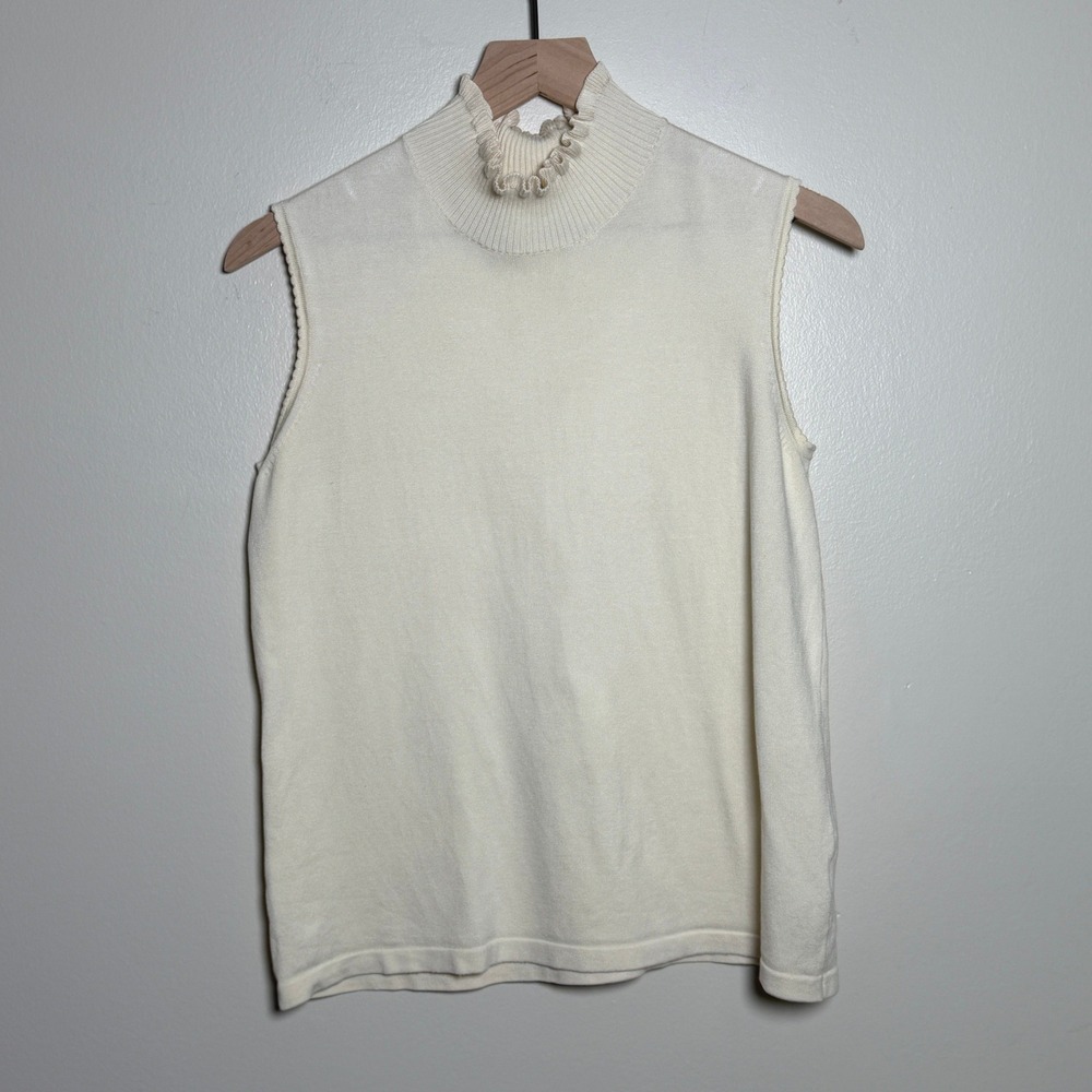 Garfield & Marks Ivory Silk Blend Ruffle Mock Neck Sleeveless Sweater Top Large